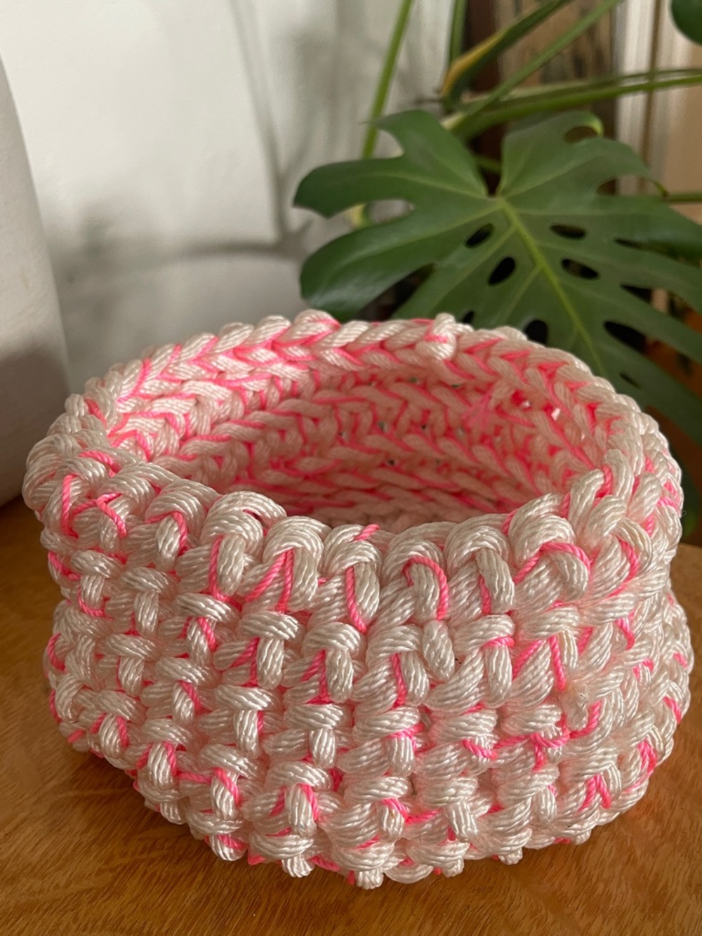 Handmade Chunky Crochet Basket - Cream & Neon Pink